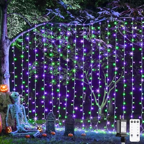 JMEXSUSS 300LED Purple & Green Curtain Lights for Halloween Decor, Plug in