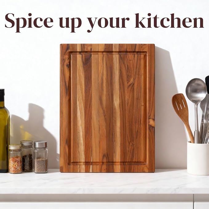 Premium Teak Wood Cutting Board 14×10 Inch, Extra Thick 1.5 Inch Edge Grain Butcher Block for Meat & Daily Prep, Large Wooden Cutting Board with Juice Groove & Handle Grips by New M Way