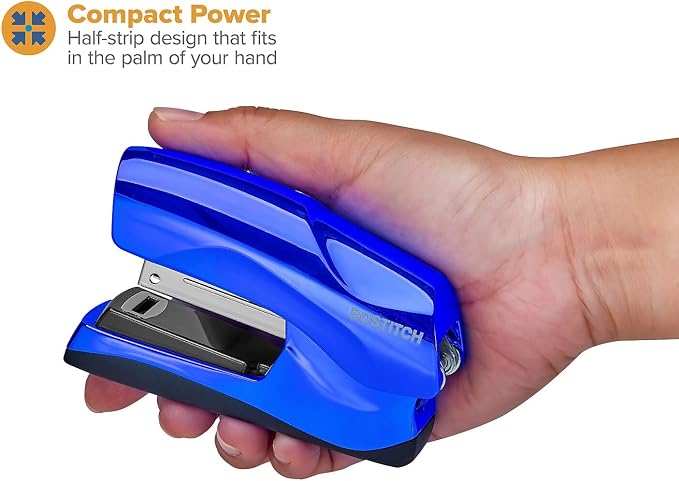 Bostitch Office Heavy Duty Stapler, 40 Sheet Capacity, No Jam, Half Strip, Fits into the Palm of Your Hand, For Classroom, Office or Desk, Metallic Blue