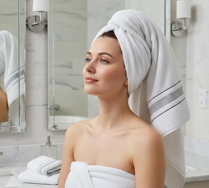 Bath Towels Set for Bathroom – Luxury 6-Piece Cotton Towels, Soft Absorbent & Quick Dry, 600 GSM Bath Towels for Bathroom, Hotel Spa Quality (White/Grey, 6- Bath Towel Set)