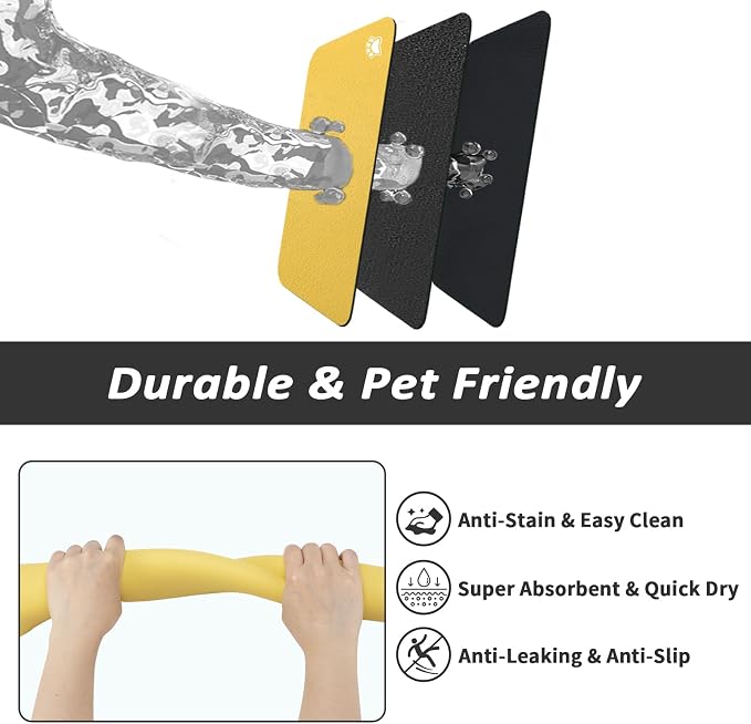HotLive Dog Food Mat - Absorbent Cat Mat for Food and Water, No Stains Pet Feeding Bowl Mat, Easy to Clean Pet Placemats, Quick Dry Dog Water Dispenser Mat for Messy Drinkers | Paw Yellow 16"x 24"
