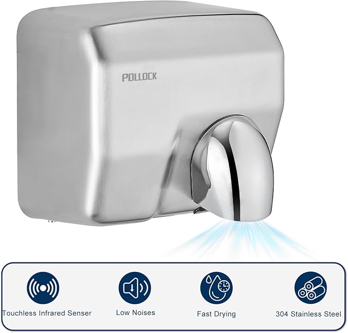 Commercial Hand Dryer Wall Mounted,Stainless Steel Electric Hand Dryer for Bathroom,1600 W Automatic High Speed Warm Wind Hand Blower,110V Plug in,8-10s Second Dry,for Industry Business Restrooms