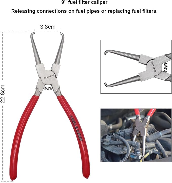 TOOLEAGUE Fuel Line Pliers Set 6Pcs, Hose Remover, 9" Fuel Filter Caliper, Hose Pipe Clamp Clip, Flat Hose Clamp Plier, 30 Degree Disconnect Pliers Set for Auto Maintenance with Storage Case