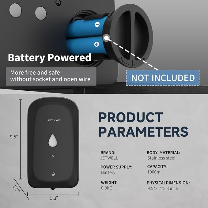 JETWELL Touchless Wall Mount Stainless Steel Soap Dispenser 34OZ/1000ML | Black Matte Cover, Large Capacity, Battery Powered, Liquid Soap, Commercial & Home Use