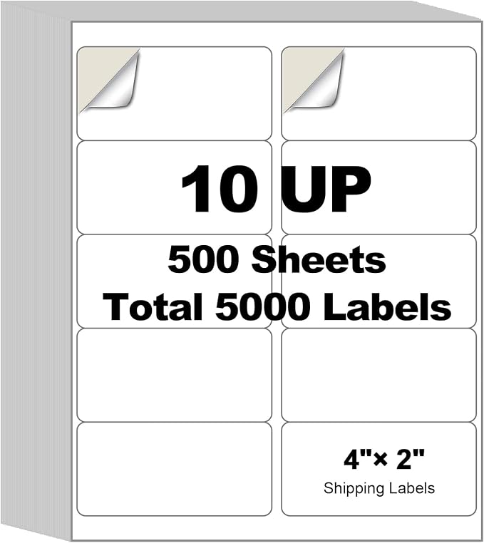 5000 Labels (500 Sheets) - 2" x 4" Shipping Address Labels - 10-Up Mailing Stickers for Laser/Inkjet Printers - 8.5" x 11" White Printer Labels - Multipurpose Address Papers