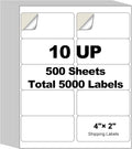 5000 Labels (500 Sheets) - 2" x 4" Shipping Address Labels - 10-Up Mailing Stickers for Laser/Inkjet Printers - 8.5" x 11" White Printer Labels - Multipurpose Address Papers