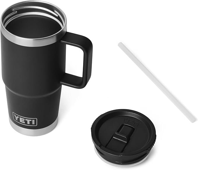YETI Rambler 20 oz Travel Mug with Flip Straw Lid – Stainless Steel, Vacuum Insulated, Leakproof, Cup Holder Friendly, Black