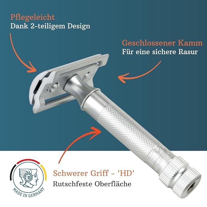 MERKUR 34 Double Edge Safety Razor - Matte Chrome | Heavy Duty Knurled Brass Handle | Made in Germany | Plastic-Free | Two Piece Design | Closed Comb | Straight Bar