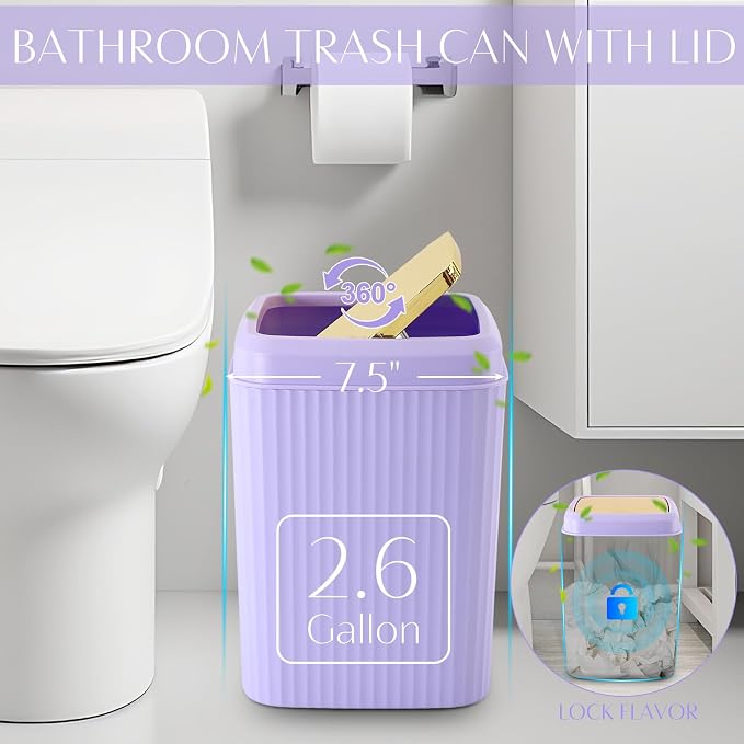 17PCS Bathroom Accessory Set Bathroom Set Purple Bathroom Accessories,Toilet Brush, Trash Can, Qtip Holder Dispenser& 3PCS Soap Dispenser