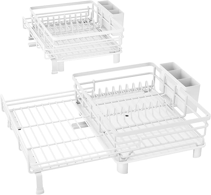 Expandable Dish Drying Rack for Kitchen Counter, Stainless Steel, White | Foldable Over Sink, Large Capacity, Adjust to Fit Most Sinks, Angled Drainboard, Removable Utensil Holder, Slip Resistant