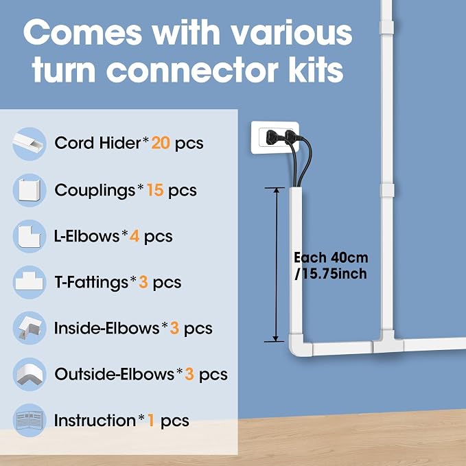 315in Cord Hider Kit, Paintable Cable Raceway, Cord Covers for Wires on Wall, Cord Hider for Wall Mount tv, tv Cable Hider Wall kit, Wire Covers for Cords, 20X L15.7in X W0.96in X H0.57in, White