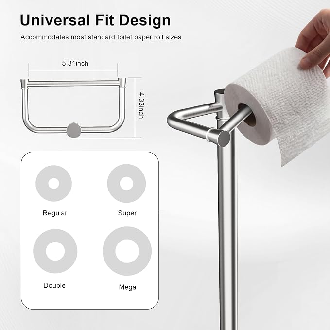 Freestanding Toilet Paper Holder Stand, Heavy Duty Brushed Nickel Stainless Steel Toilet Paper Holder with Weighted Base, Rustproof & Tool-Free Installation for Modern Bathrooms