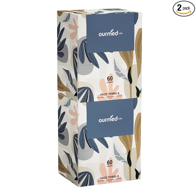 Ourmed Life Disposable Face Towels, 10 x 12 in XL Facial Towels, 120 Count | Clinically Tested, Reduce Redness, Skin Soothing, Sensitive Skin friendly, Biodegradable, Skincare, Women Cleansing,Absorbent