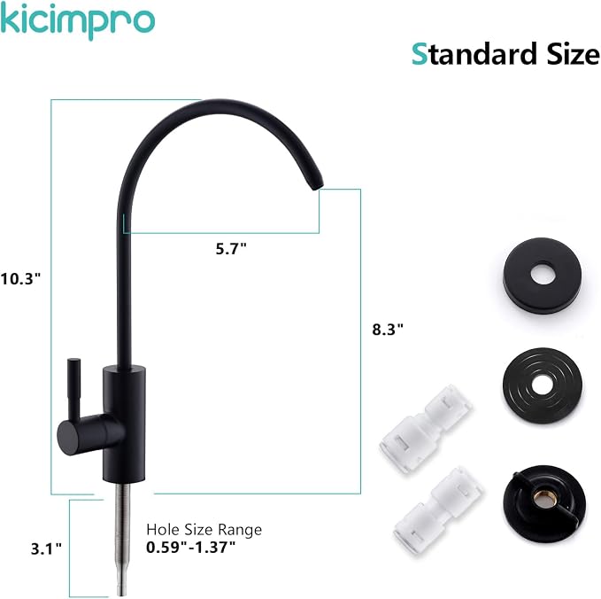 Kicimpro Stainless Steel Matte Black Finish RO Faucet Kitchen Water Filter Faucet for 0.59-1.37 Inches Sink Holes, 10.3 Inches Height Bar Sink Faucet | Lead-Free SUS304, 360 Swivel, Fits 1/4 & 3/8 RO Connectors, Leak-Proof Seal