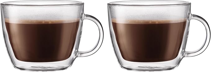 Bodum 15oz Double Wall Latte Mug, High-Heat Borosilicate Glass, Set of 2, Clear