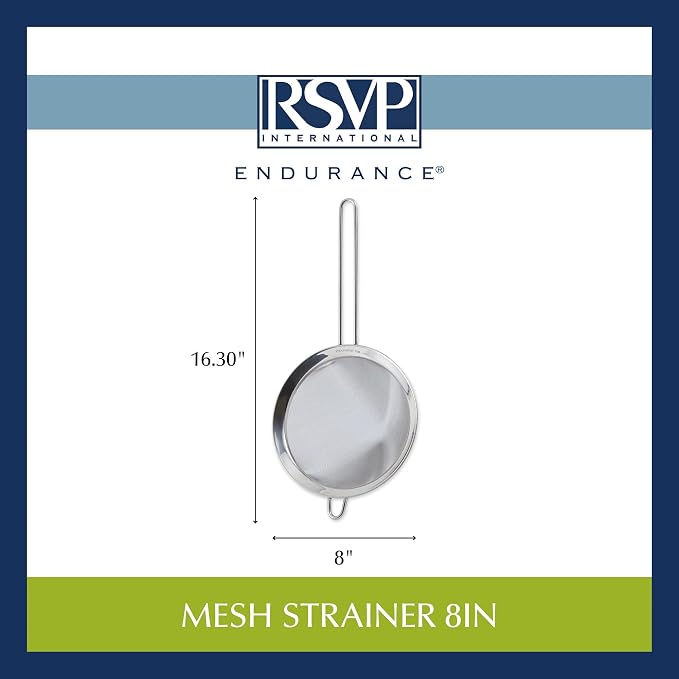 RSVP International Endurance Kitchen Collection, Stainless Steel Fine Mesh Conical Sieve/Colander, Multi-Purpose for Cooking, Baking, Loose Leaf Tea, Bar Strainer Cocktails, 8-Inch