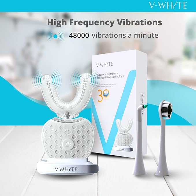 V-WHITE Adults Auto Brush Ultrasonic U-Shaped Toothbrush – 360° Teeth Cleaning, Hands-Free Electric Autobrush – Gum Protection, Waterproof IPX7, Wireless Charging