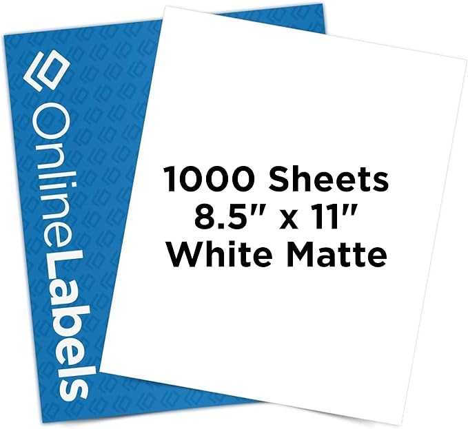 Sticker Paper, 1,000 Sheets, White Matte, 8.5" x 11" Full Sheet Label, Works with Inkjet and Laser Printer, Compatible with Electronic Cutting Machines, OL177WX, OnlineLabels