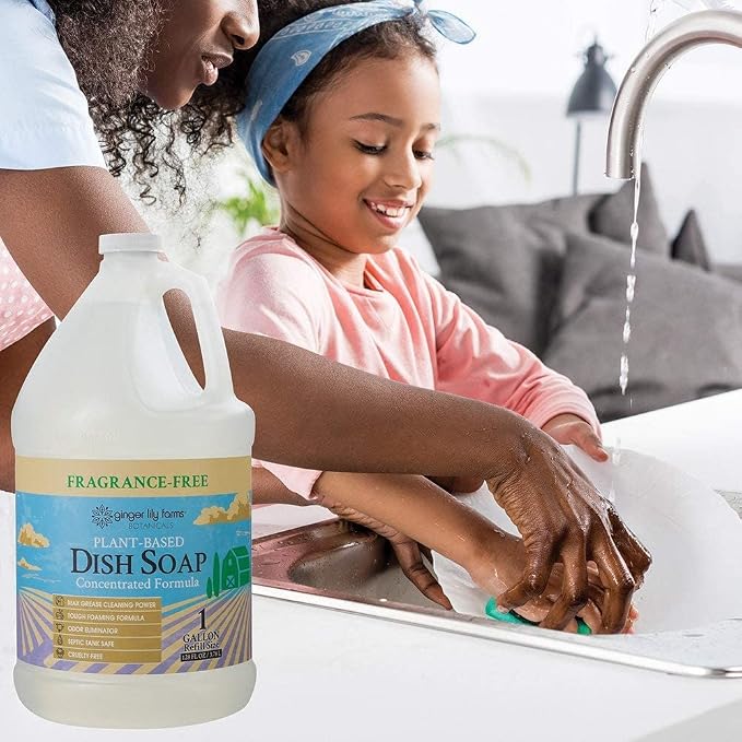 Ginger Lily Farms Botanicals Plant-Based Liquid Dish Soap, Concentrated Formula with Max Grease Cleaning Power, Cruelty-Free, Fragrance-Free, 1 Gallon Refill (128 Fl. Oz.), Clear (Pack of 4)