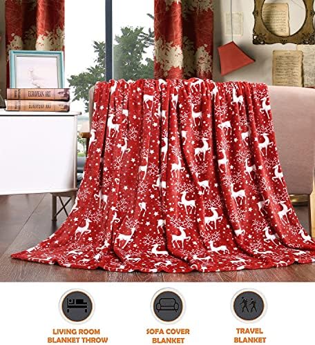Elegant Comfort Luxury Velvet Super Soft Christmas Prints Fleece Blanket-Holiday Theme Home Décor Fuzzy Warm and Cozy Throws for Winter Bedding, Couch and Gift, 50 x 60 inch, Red Reindeer