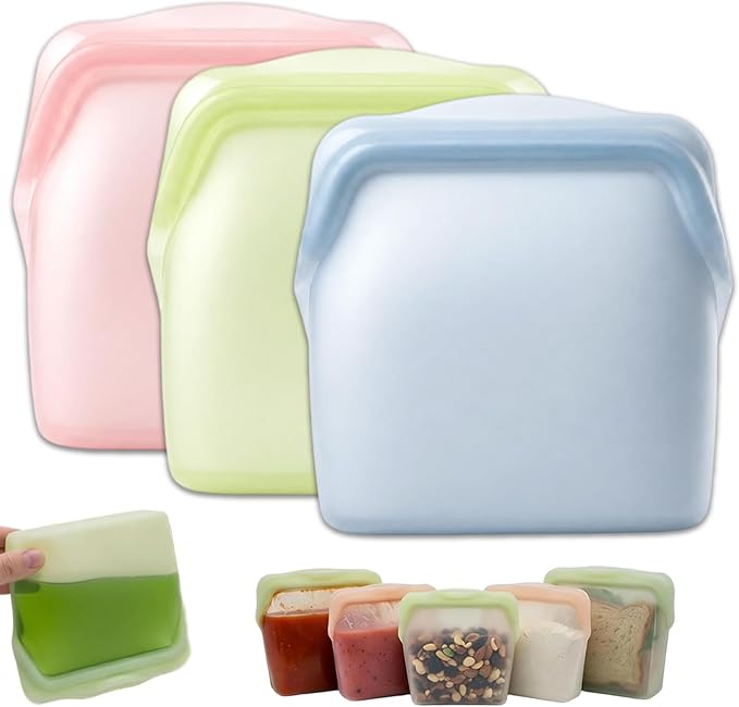 New Generation Silicone Storage, Reusable Silicone Food Storage Bags, Leak-Proof Upright Freezer Bags, Odor-Proof, High-Temperature Resistant, Microwave Dishwasher Safe for Snacks Leftovers (3-MixG)
