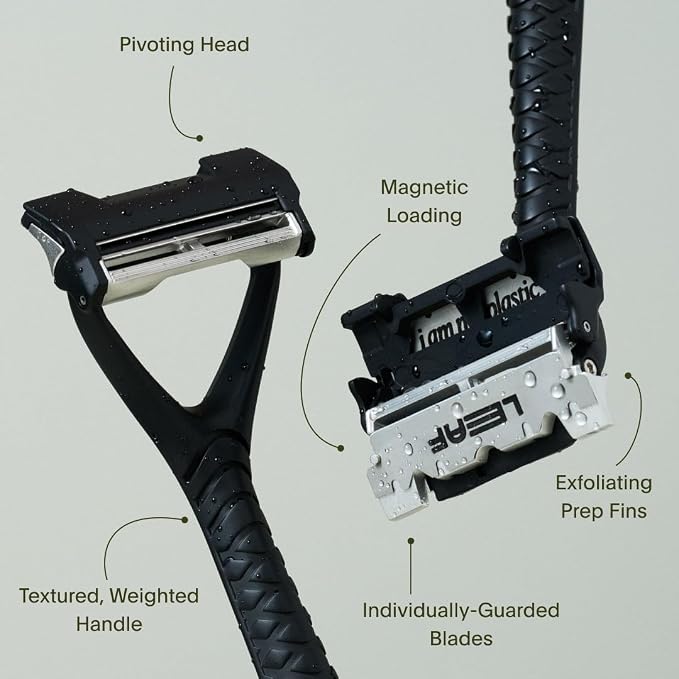 Leaf Shave | Leaf Two Kit, All-Metal, Two-Blade Safety Razor with Pivoting Head, Includes Matching Stand, Black Silicone Handle Grip, 50 Single-Edge Refills & Recycling Bank for Used Blades - Chrome