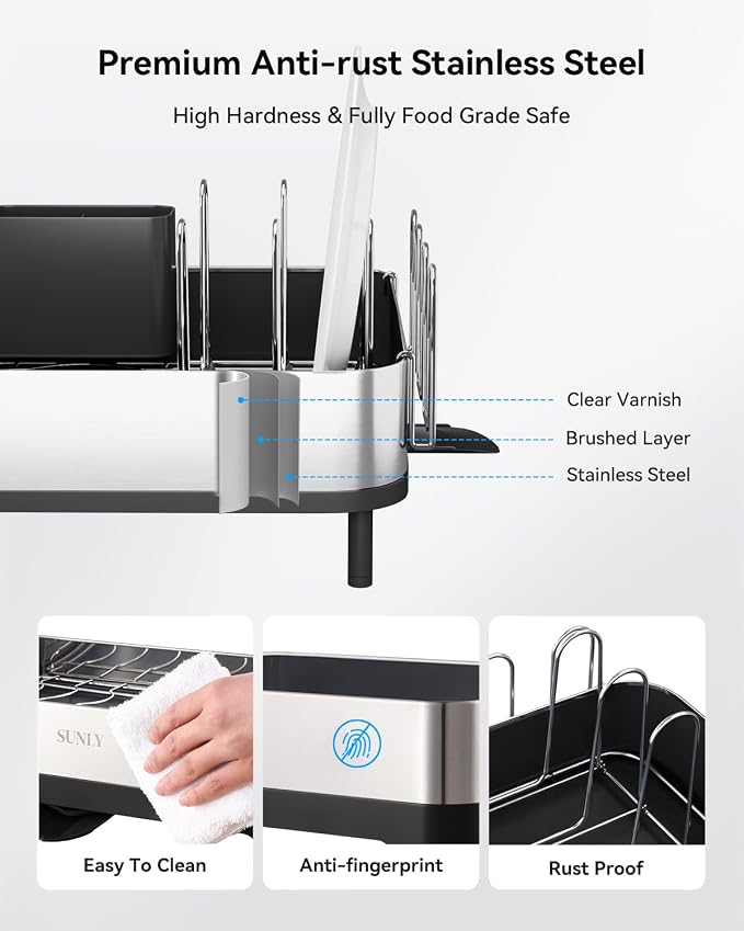 Dish Drying Rack, Expandable 304 Stainless Steel Kitchen Organizer, Black | 304 Stainless Steel for Rust Resistance, Auto-Drainage for a Dry Countertop, Flexible Storage for Dishes, Pans & Utensils