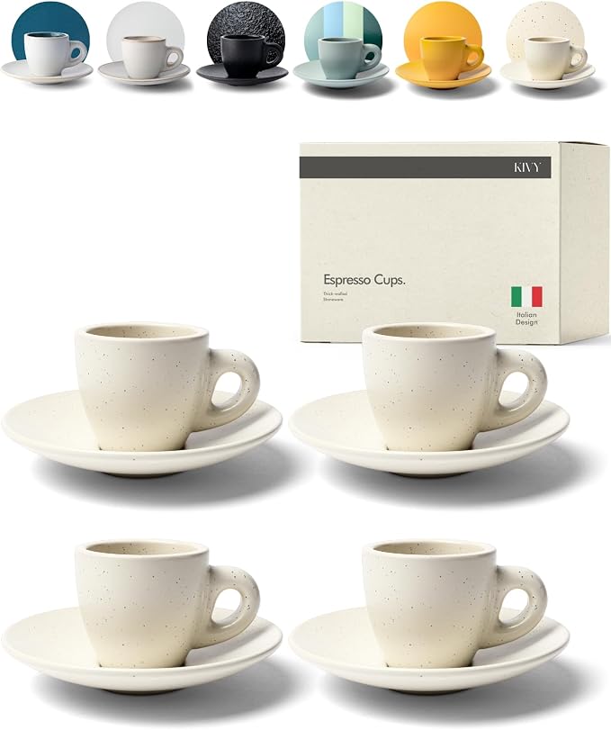 KIVY Espresso Cups Set 4x 3oz - Thick Walled Stoneware - Dishwasher Safe | Italian Style Espresso Cups and Saucers - Espresso Mugs - Tazas de cafe - Ceramic cup - Cream Dotted