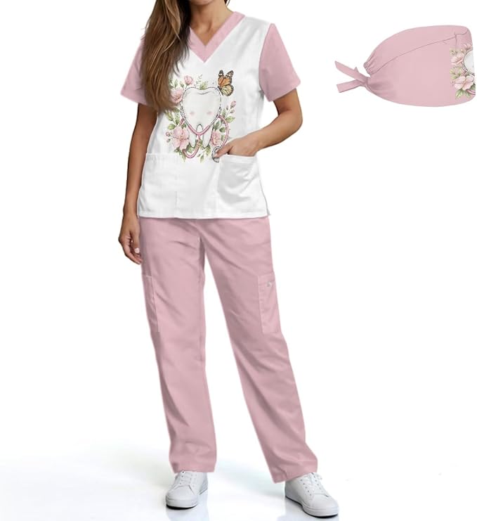 Gomyblomy Women's Scrubs Suit 3-Piece Set | Teeth Print V-Neck Top & Pants & Cap, Breathable and Stretch Fabric, S-5XL