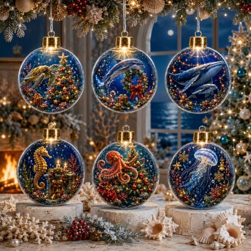 6 Pack Lighted Ocean Christmas Ornaments, 3.15 Inch Sea Animal Globes