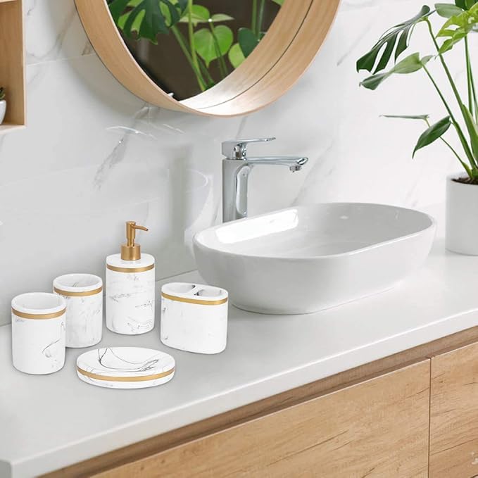 Sierra Selected Bathroom Accessory Set, 5 Piece White Gold Elegant Marble Classic Soap Dispenser Soap Dish 2 Tumblers Toothbrush Holder, Meticulous Housewarming Wedding Gift