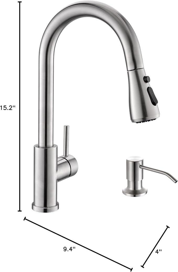 Kicimpro Kitchen Sink Faucet with Soap Dispenser, 3 Modes Kitchen Faucet with Pull Down Sprayer and Soap Dispenser, 304 Stainless Brushed Nickel Single Handle Kitchen Bar Faucets with Water Lines