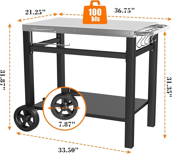 Grill Table, Movable Dining Cart, Pizza Oven Table Stand, Double-Shelf Grill Stand, Food Prep and Work Cart with Wheels, Hooks, Fits for Blackstone Ninja