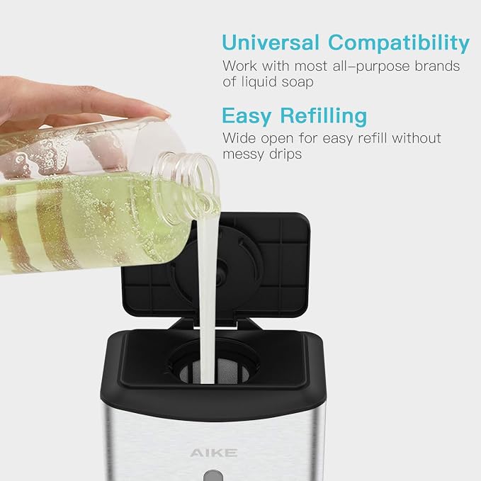 AIKE Heavy Duty Automatic Soap Dispenser,37oz for Bathroom,Brushed Steel | 5-Level and Savety Key for Commercial(4*AA Batteries Not Included),Screw Wall Mount for Space-Saving,Stainless Steel AK1206