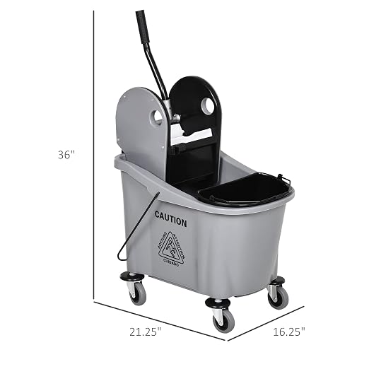 HOMCOM 9.5 Gallon (38 Quart) Mop Bucket with Wringer Cleaning Cart Grey | 4 Moving Wheels, 2 Separate Buckets, Mop-Handle Holder