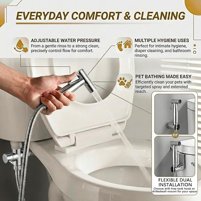 BARROCK Chrome Handheld Bidet Sprayer for Toilet,Stainless Steel Baby Cloth Diaper Jet Spray Kit,Bathroom Toilet Bidet Attachment Set with Adjustable Water Pressure for Bathing Pets and Feminine Wash