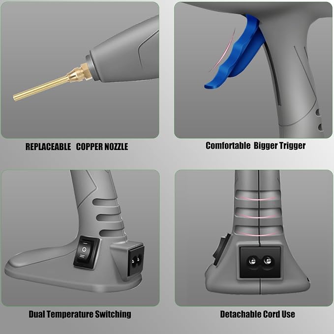 MONVICT Hot Melt Glue Gun with 7 Copper Nozzles, Heavy Duty | 3 Silicone Finger Covers, 12 Glue Sticks Dual Temperature Switching, Corded Detachable Cord Use for Art DIY Craft repair