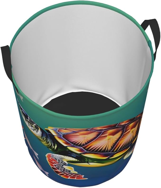 Sea Turtle With Fishes Large Foldable Laundry Basket Hamper,Storage Basket Bin With Handles,For Bathroom,College