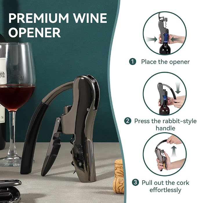 Rabbit Wine Opener, Easy Lever Corkscrew Gift Set | Zinc Alloy Rabbit Corkscrew Opens Bottles In Seconds, Arthritic Hands Friendly, Includes Foil Cutter And Extra Spiral