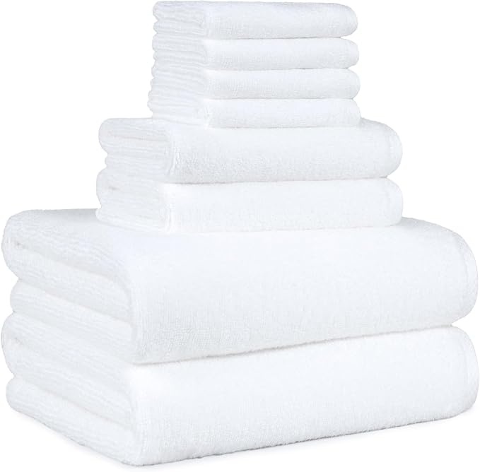 Amazon Basics 100% Cotton Soft Quick-Dry 8-Piece Towel Set, Bath Towels, Hand Towels, Washcloths, White, Compact & Lightweight (Pack of 6)