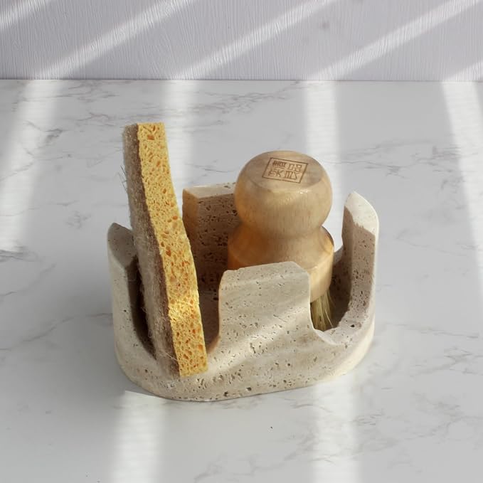 Nawgnail Natural Travertine Marble 2-Slot Sponge Holder for Kitchen Counter, 2-in-1 Stone Drying Rack, Sponge Caddy for Sink Organizer - Beige Travertine