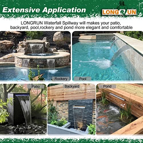 LONGRUN Stainless Steel Waterfall Spillway, APP Control Multi-Color LED Light Outdoor Pool Fountain, Water Spillway Koi Pond Waterfalls Fountains Kit for Garden Patio Swimming Pool Decoration-35.4"