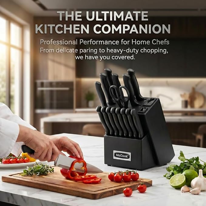 McCook® Premium Black Knife Sets,German Stainless Steel Kitchen Knives Block Set with Built-in Sharpener, 20-Piece Razor-Sharp Kitchen Knives with Ergonomic Handles, Elegant Box for Gift, Black | German Forged Stainless Steel,20 PC,Razor Sharp, Anti-Ru...