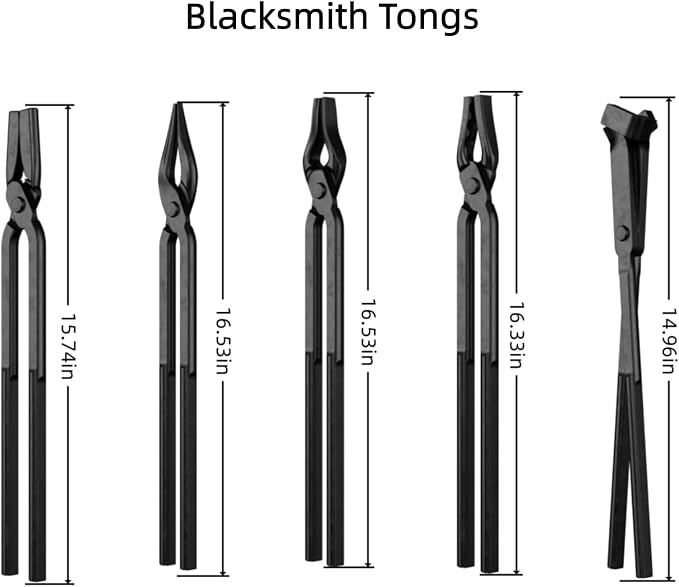 5PCS Blacksmith Tongs Set with Hammer - V-Bit Blade, Wolf Jaw, Scrollings, Flat Jaw & Square Jaw, Assembled High Carbon Steel Forging Tools for Metalworking