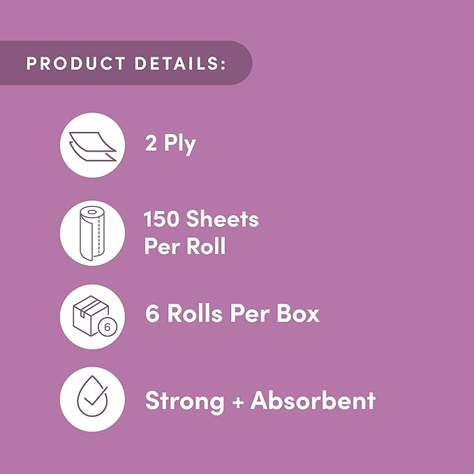 Amazon Aware Bamboo Paper Towels, 6 Rolls, 2 ply, FSC Certified, 150 Sheets, 900 Count, Plastic-Free, Multicolor