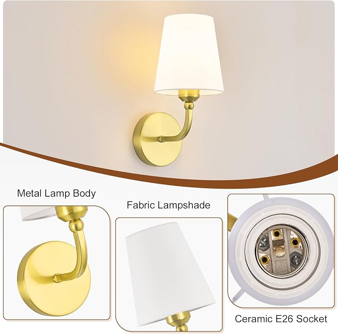 Modern Bathroom Vanity Light, Brushed Gold Bathroom Light Fixtures, Set of 2 Lighting Fixtures Over Mirror, Modern Wall Sconce with Flared White Fabric Shade, E26 Socket(ETL Listed)