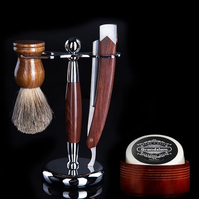 Grandslam Men Straight Shaving Razor Badger Hair Brush Stand Holder Leather Strop Soap Bowl