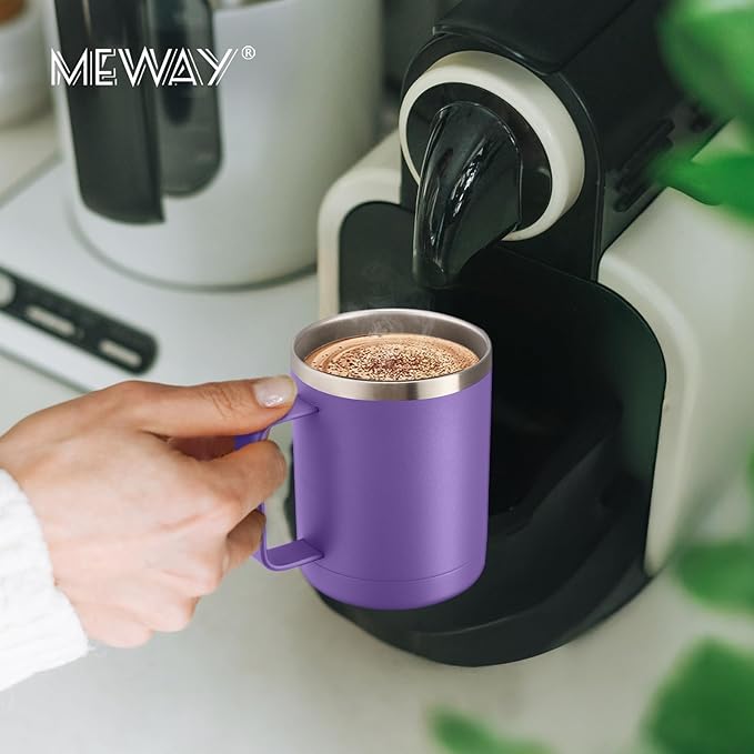 MEWAY 12oz Coffee Mug With Handle 2 Pack Bulk,Stainless Steel Insulated Travel Tumblers With Sliding Lid,Double Wall Vacuum Camping Cup for Hot & Cold Drinks Tea (Purple,Set of 2)