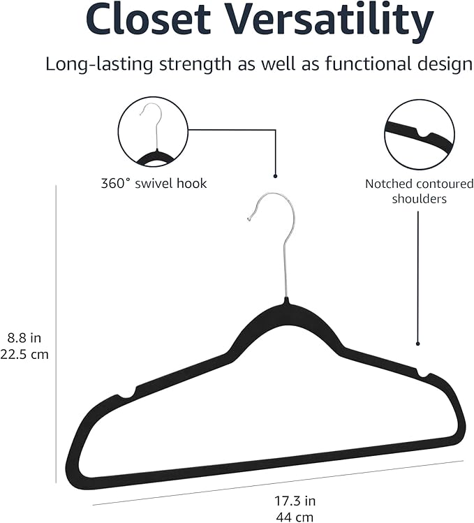 Amazon Basics Slim Velvet Non-Slip Space Saving Suit Clothes Hangers, Closet Organizer, Black, 50-Pack