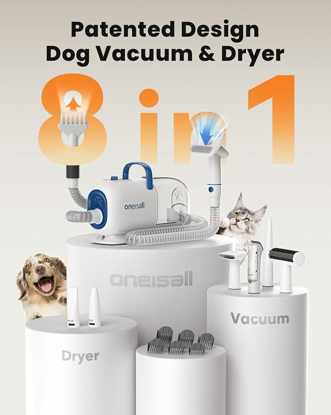 oneisall 8-in-1 Dog Grooming Vacuum & Dryer for Shedding/Drying/Trimming | Vacuum & Blower & Metal Blade Pet Clippers, Adjustable 7-Temp & 3 Air Levels, All-in-One Dog Grooming Kit, Storage bag